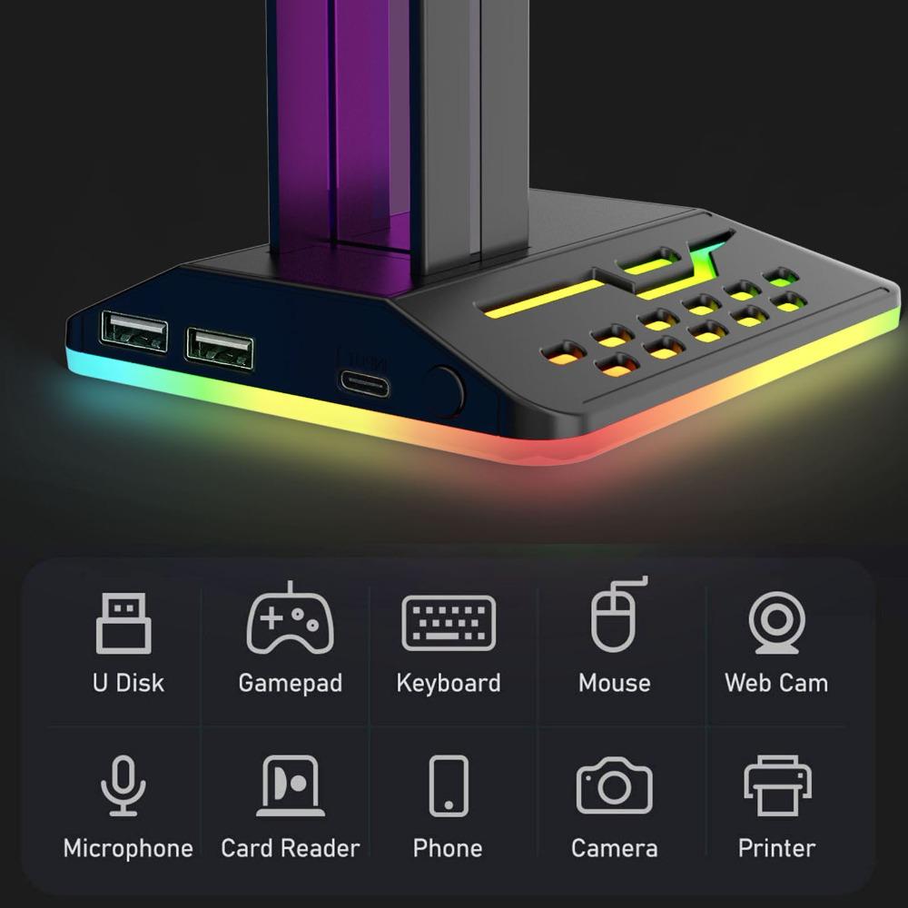 Multi Light Mode Adjustable Universal Desktop RGB Headphone Stand for Desk Game Accessories