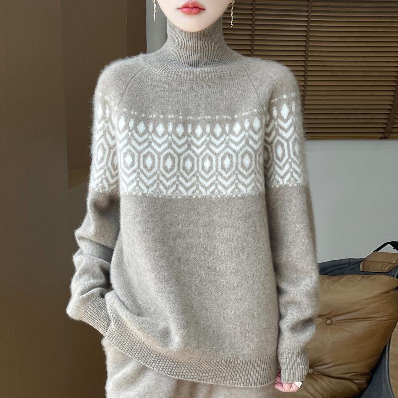 Women's High-Neck Double-Strand Pure Wool Knit Sweater - Autumn/Winter Jacquard Color-Block Loose Long-Sleeve Cashmere Pullover