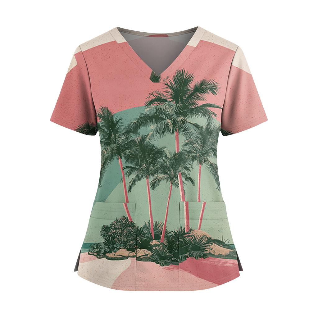 Women's Hawaiian Print V-Neck Double Pocket Short Sleeve Uniform/ Top