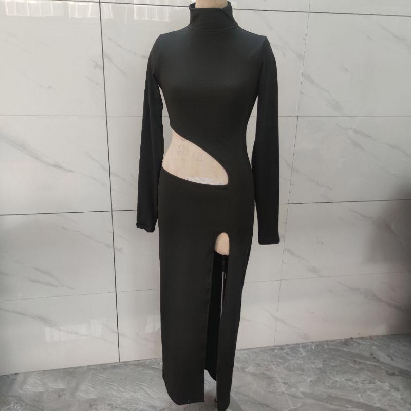 Y2K Evropské a americké dámské podzimní a zimní jednobarevné ležérní dlouhé šaty s dlouhým rukávem a dutým kulatým výstřihem