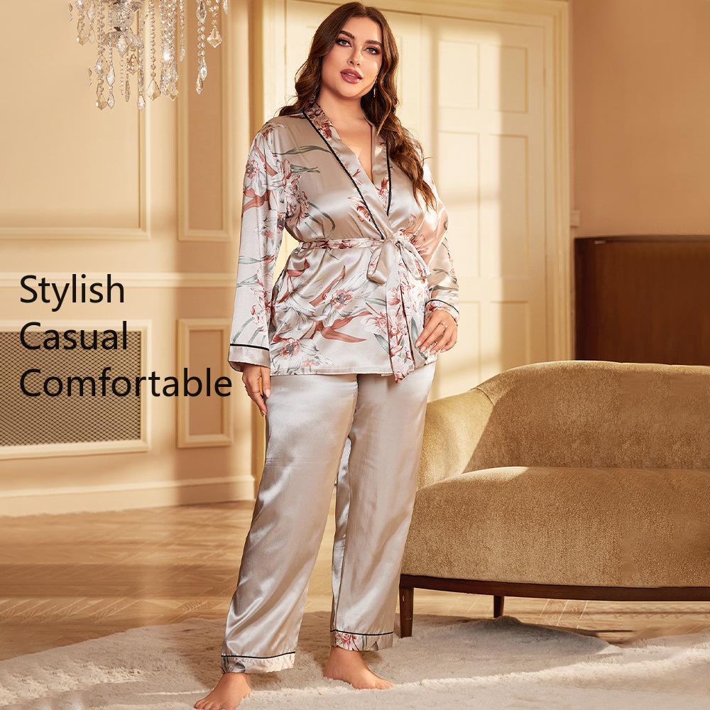 Damen Übergröße Pyjama Frühling Herbst Morgenmantel Sexy Morgenmantel Homewear Eisseide Morgenmantel