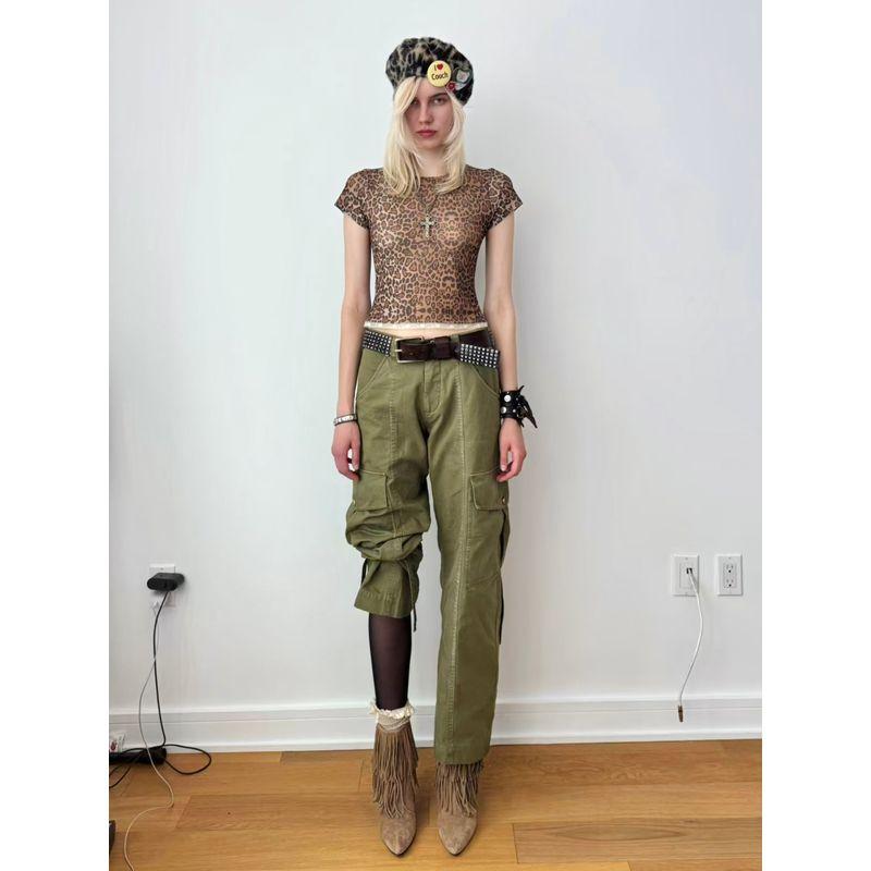 

Mwah Goods Retro Worn Looking Washed-out Three-Dimensional Pocket Army Green Medium and Low Waist Cargo Pants S