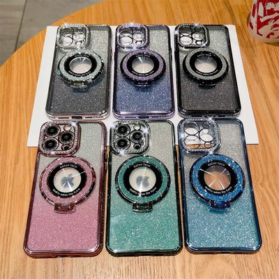 Luxury Rhinestone Magnetic Bracket Case Suitable for Apple 13/14/15 Promax Flash Powder Mobile Phone Case IPhone 12