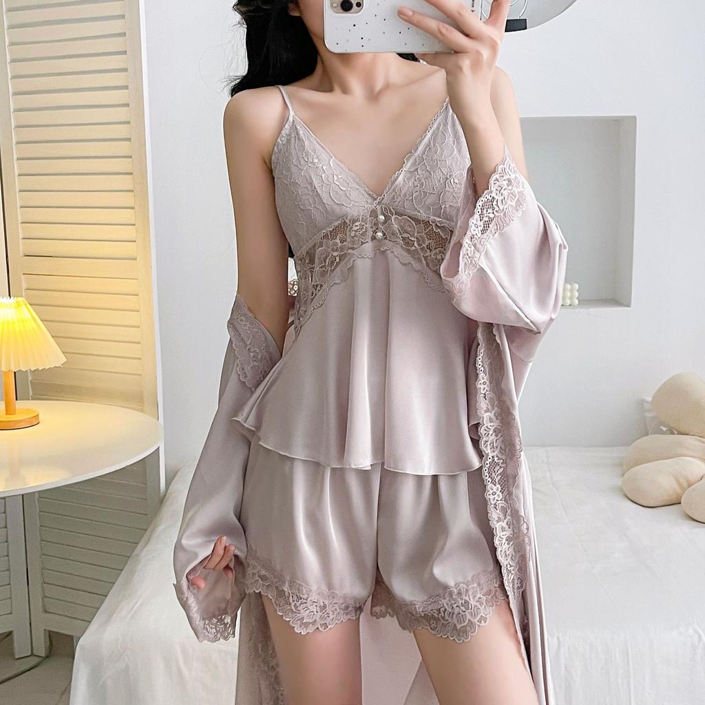New Product Live Broadcast Women's Ice Silk Summer Sexy Pure Desire Pajama Set Suspender Nightdress Backless Simulation Silk Nightgown Bathrobe