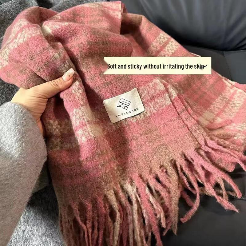 Korean Style Withered Rose Plaid Imitation Cashmere Scarf - Women's Winter Christmas Red Shawl