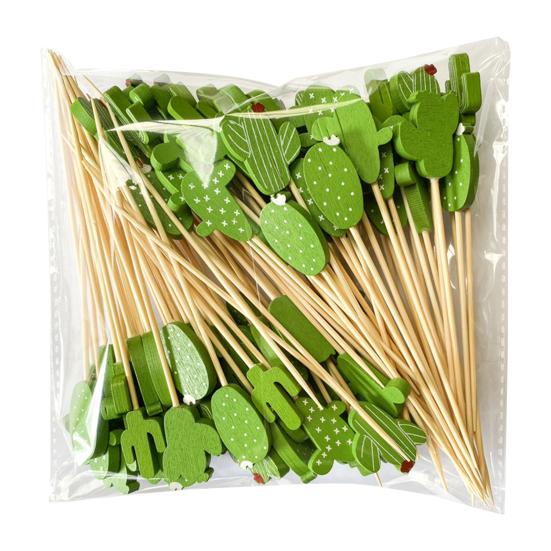 100Pcs Fruit Forks Food Grade Anti-slip Wood Long Handle Cactus Shape Buffet Picks Party Supplies