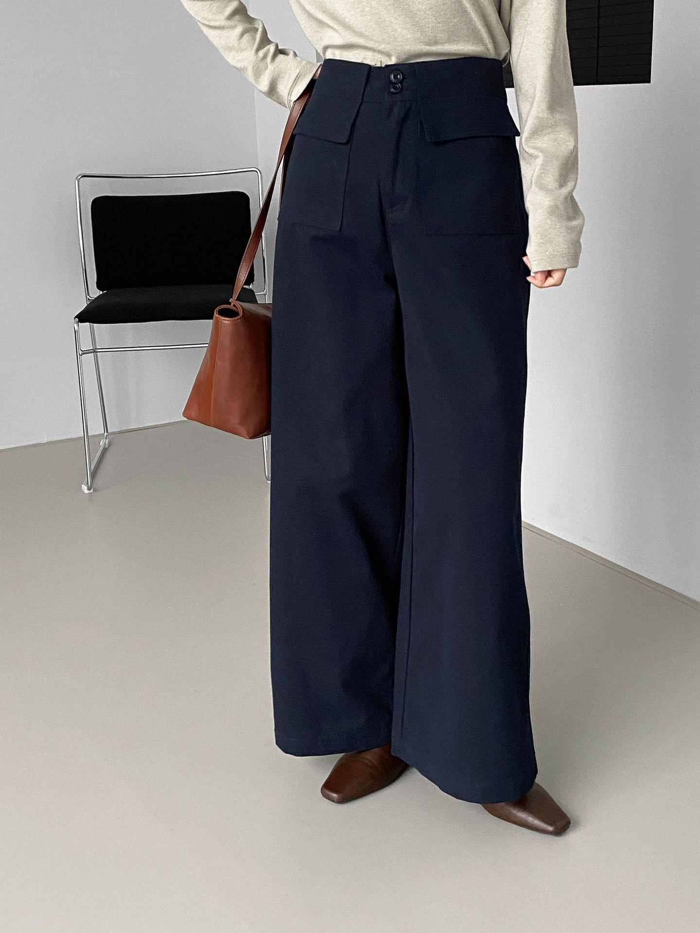 

Так корейские брюки с высокой талией, двумя карманами, однотонные, с широкими штанинами для женщин - E2901 Medium темно-синий