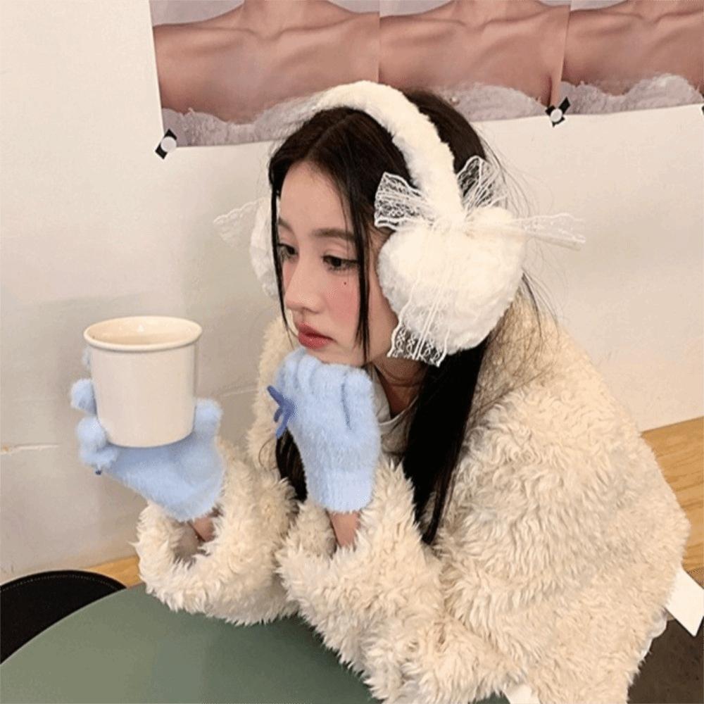 Căciuli de iarnă din pluș cu dantelă, acoperitoare groase pentru urechi, încălzitoare dulci pentru urechi cu fundă, pentru ciclism