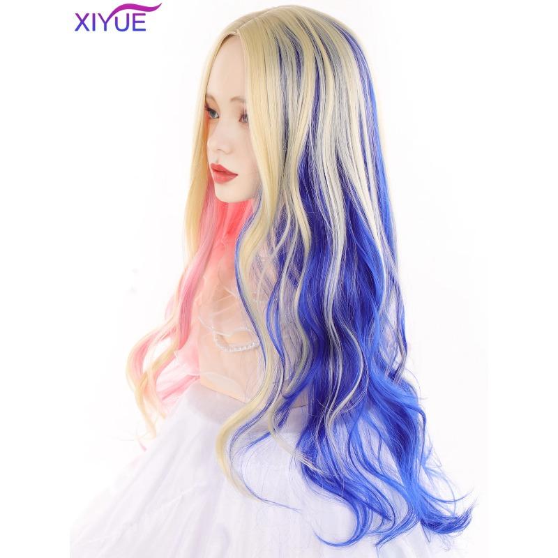 XIYUE Synthetic Long Wavy Rainbow Ombre Blonde Blue Red Wig with Bangs Lolita Cosplay Fluffy Women Hair Wig for Daily Party