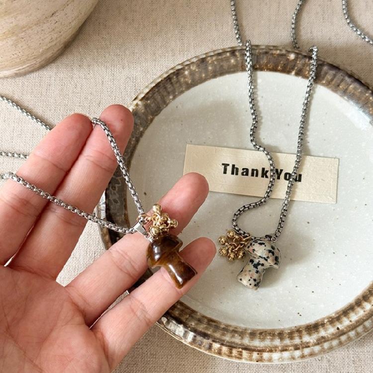 Elegant Spotted Tigers Eye Stone Necklace Elegant Mushroom Pendant Neck Chain Jewelry Perfect for Individualistic Style