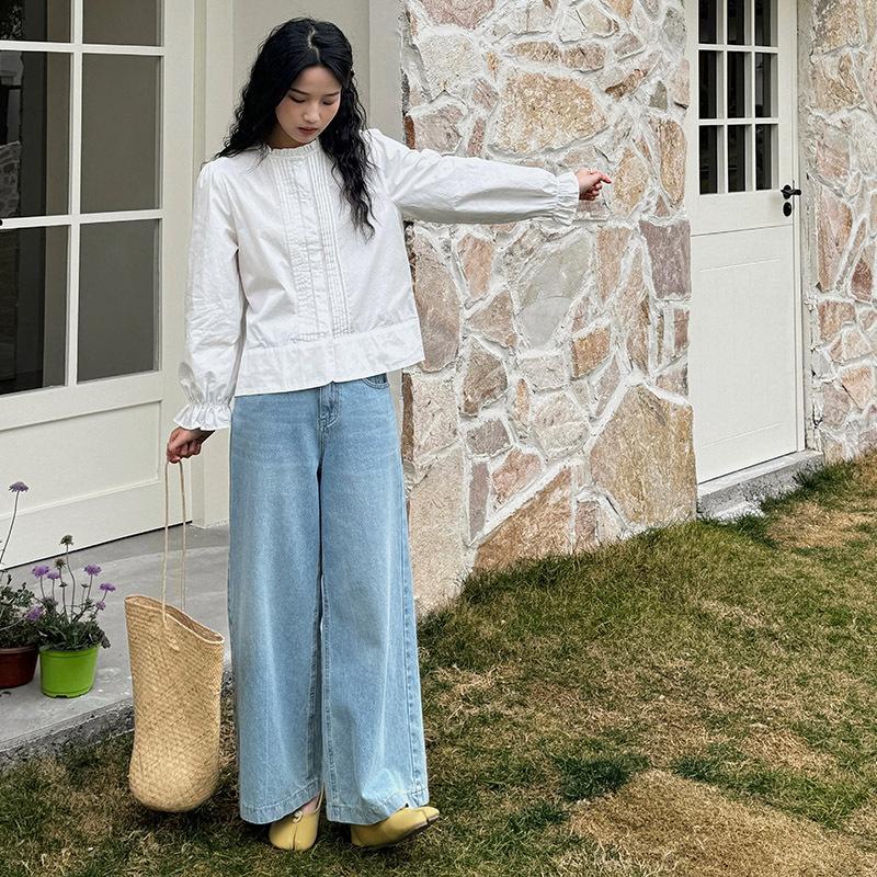 Fungus Collar White Shirt Women's Long-sleeved Spring Organ Pleated Design Top Small Cotton Shirt