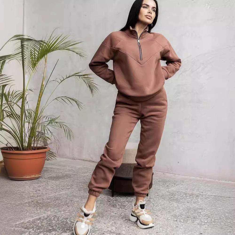 Spring and Autumn Fashion Casual Hooded Sweatshirt Two-piece Set Long Sleeve Solid Color Fleece Retractable Feet Casual Set