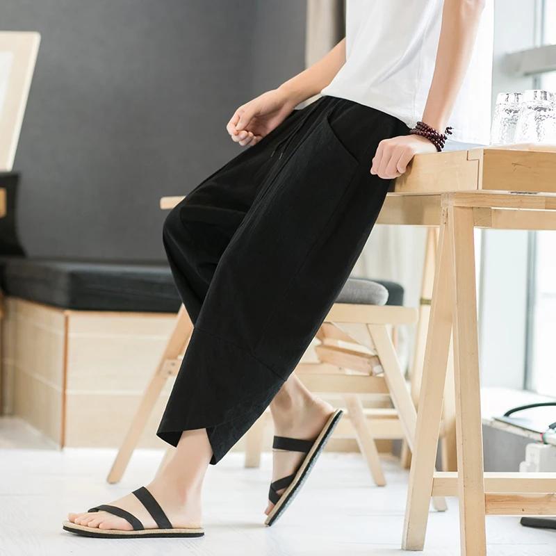 Men Chinese Style Cotton Beach Pants Men Retro Streetwear Calf-Lenght Bottoms Man Casual Traditional Trousers Summer Harem Pants