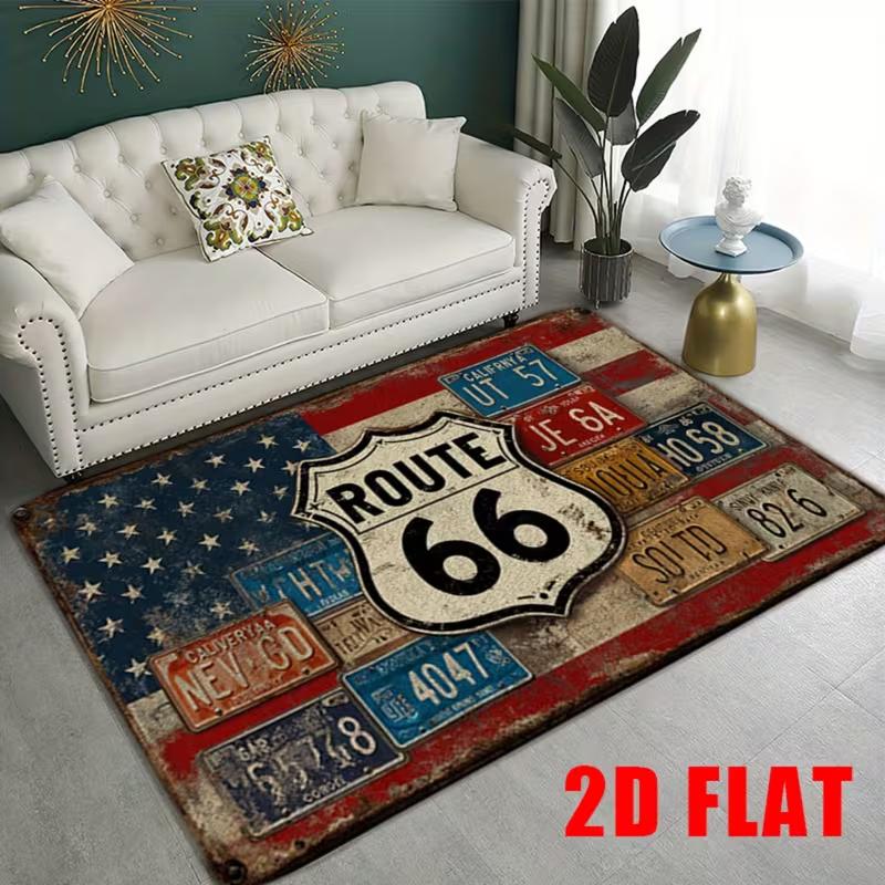 2D Mat Vintage Route 66 Flannel Bathroom Anti-Slip Mat Retro American Road Area Rug for Living Room Bedroom Kitchen Office Decor