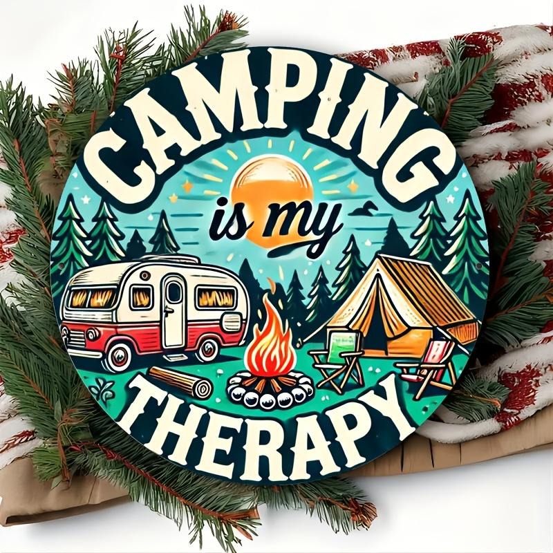 D Flat Pc Vintage Camping Aluminum Wall Art Sign X Inch Aluminum Round Plaque with Campfire RV and Tent Design