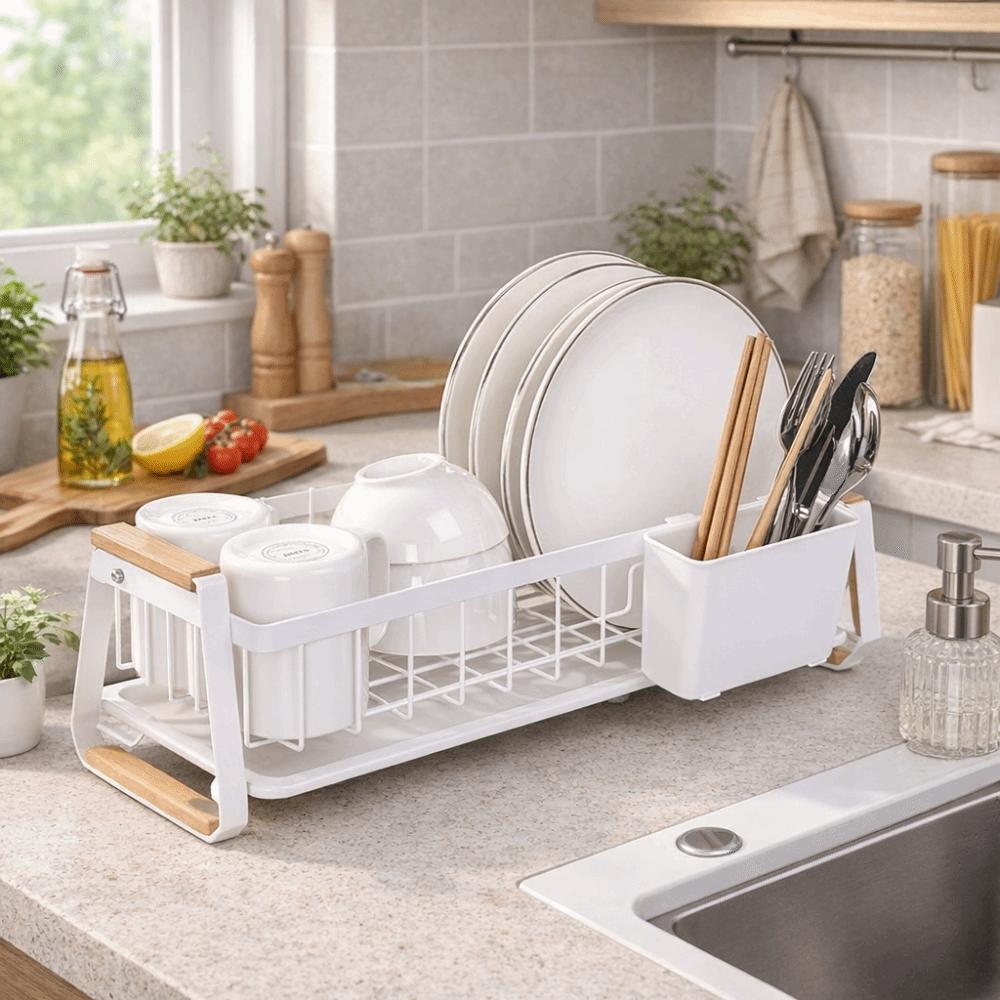 Detachable Kitchen Dish Rack Wooden Handle Kitchen Organizer Dish Drying Drain Rack  Household