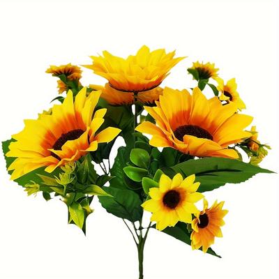 Vibrant 13-Head Artificial Sunflower Bouquet with Dark Brown Centers & Green Foliage - Perfect for Home Decor, Weddings