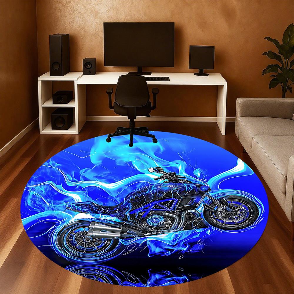 1pc motorcycle blue flames Round Chair mat Area Rug - Non-Slip, Floor Mat for Office, Bedroom, and Indoor Decor c1125270