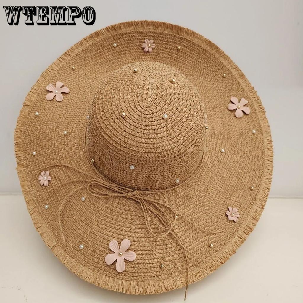 WTEMPO Summer Rope Bow Wide Brim Outdoor Travel Beach Hats Women's Foldable Solid Color Casual Large Bucket Hats