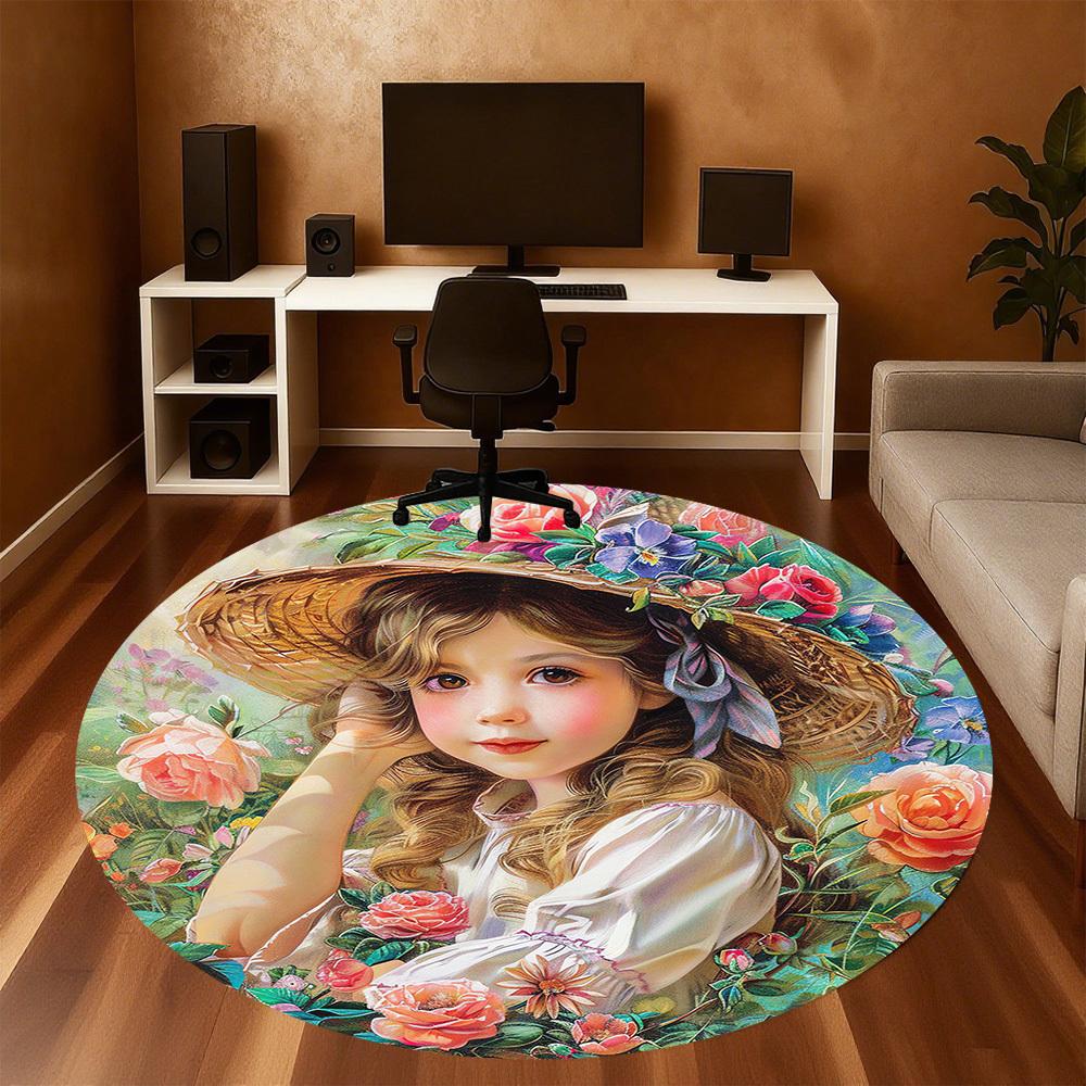 1pc flower girl Round Chair mat Area Rug - Non-Slip, Floor Mat for Office, Bedroom, and Indoor Decor -1002161