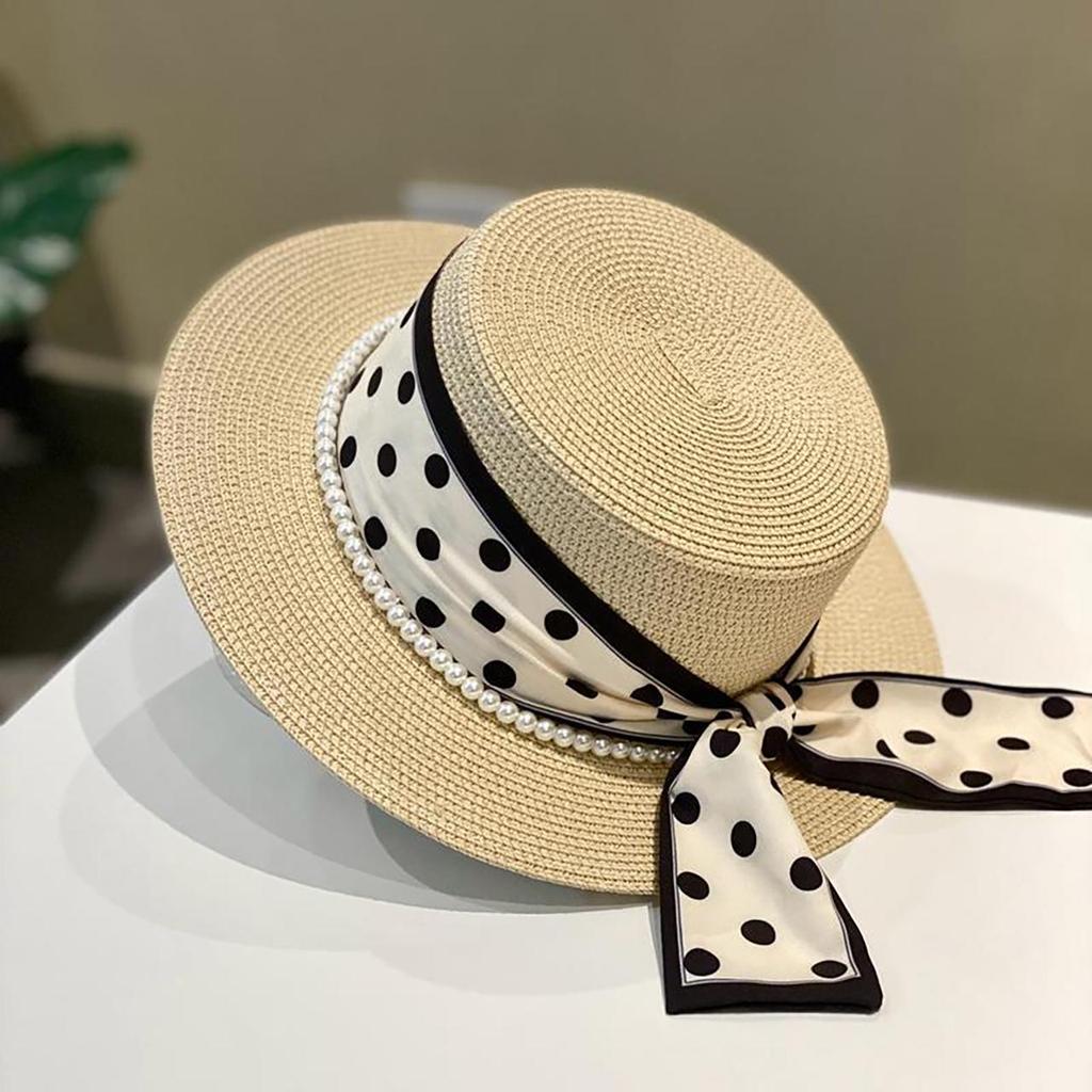 Elegant Lady Cowboy Straw Hat with Polka Dot Ribbon and Wide Brim for Women