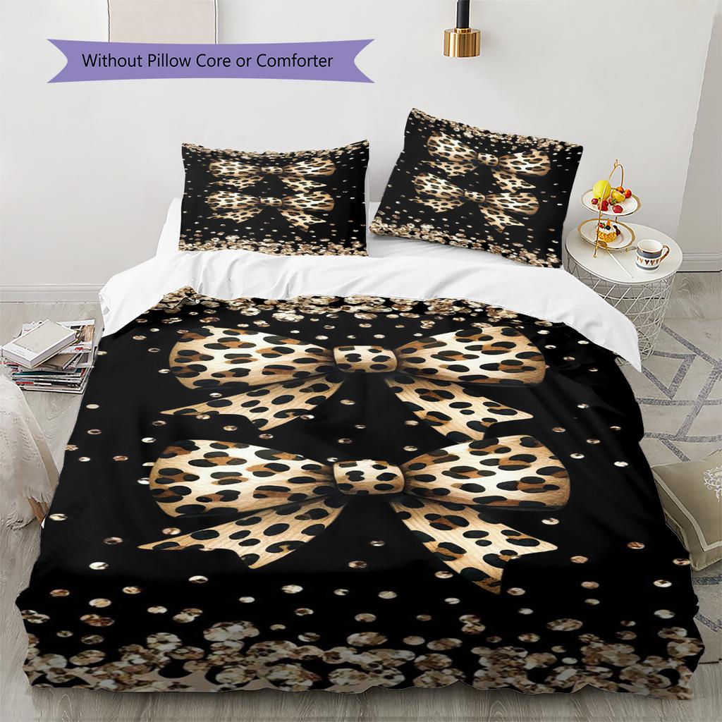 Leopard Bow Pattern Bedding Quilt Set Quilt Cover Pillowcase Home Decoration Gift (1 * duvet cover + 2 * pillowcase, without core)