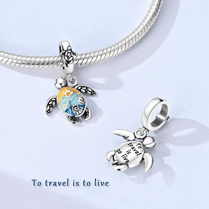 New 925 Silver Blue Ocean Beach Turtle Charms Pendants For Women Fit Bracelet DIY Vacation Party Jewelry Gifts