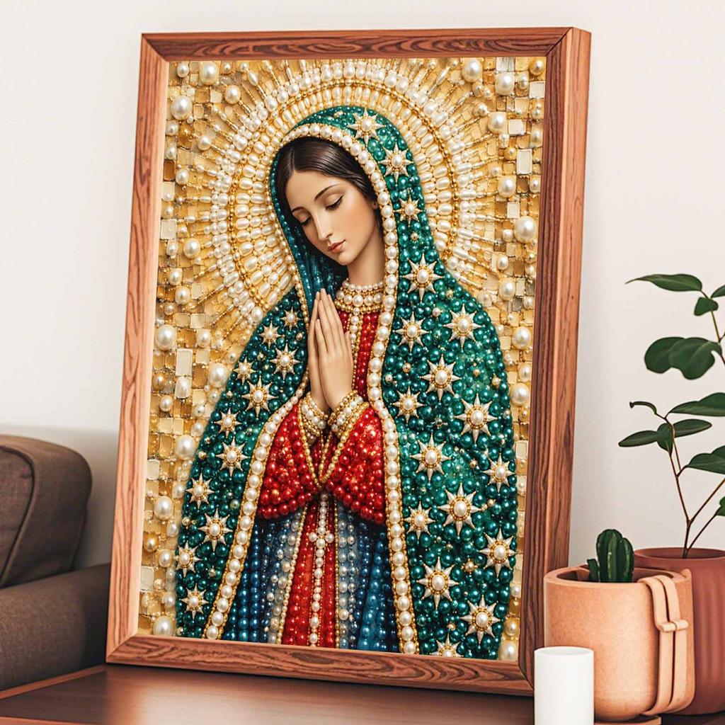 Virgin Mary Pearl Bead Painting with Frame Shiny Canvas Art Creative Handmade Craft Desk Decor Gift for Religious Art Collectors
