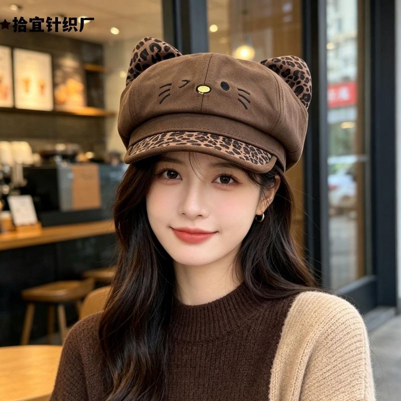 Octagonal hat women's cute cat ears show face small newsboy hat autumn and winter fashion retro painter hat beret versatile