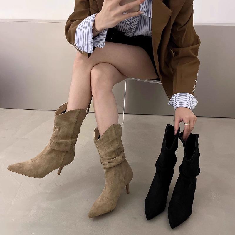 Modă Tocuri Înalte Femei Cizme Designer Goth Cizme Glezna Pantofi Femei Toamnă 2025 Modă Sexy Rochie Piele de Căprioară Stiletto Pantofi cu Vârf Ascuțit