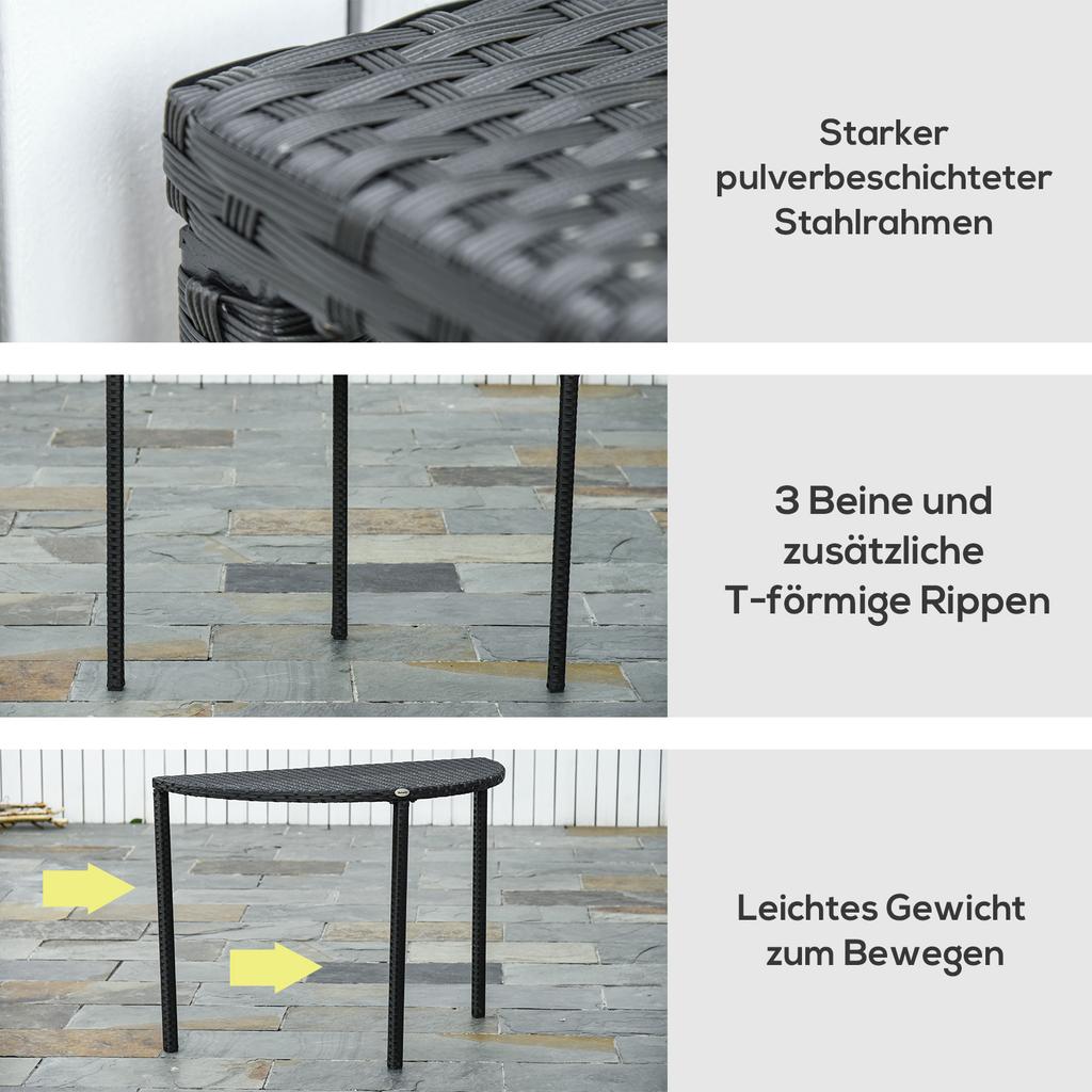Balkontisch, Gartentisch, Gartenmöbel, Halbrund, Polyrattan, Metall, Schwarz, 100 x 50 x 74 cm