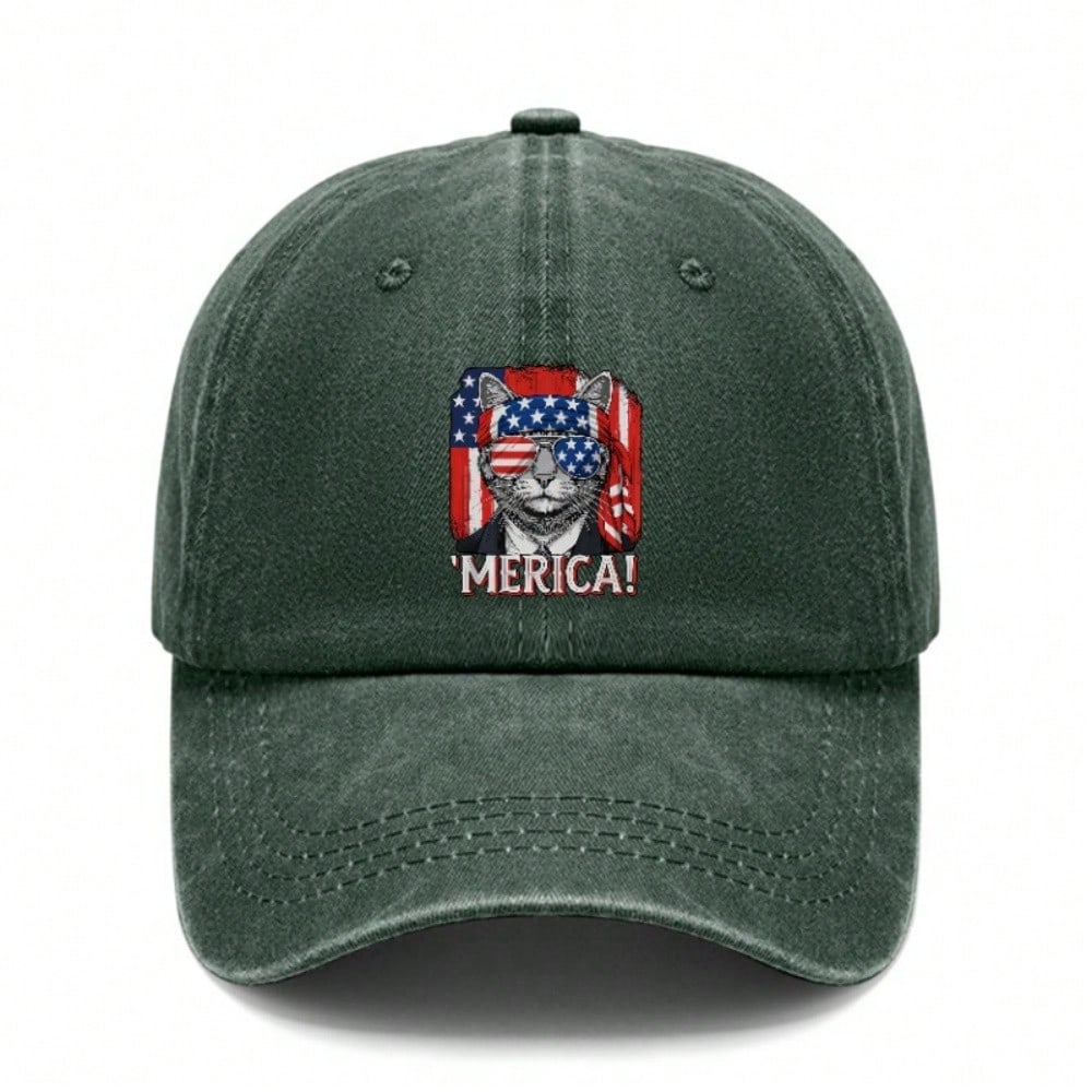 [USA Themed Baseball Cap] 'merica! Cat Graphic Print Polyester Unisex Adjustable Curved Brim Vintage Washed Baseball Hat For Festivals, Summer