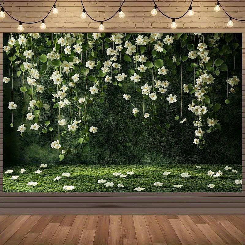 1 piece of rural garden background hanging white flowers green leaves brick walls - birthday party rural decoration 100x150cm