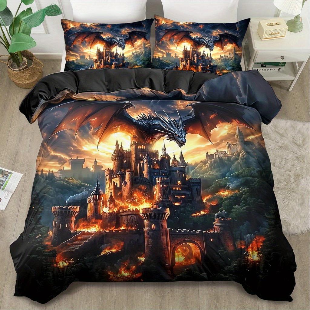 2/3Pcs Quilt Cover Set Fantasy Flame Dragon Printed Duvet Cover Set King Queen Style Bedding Set Polyester Machine Washable