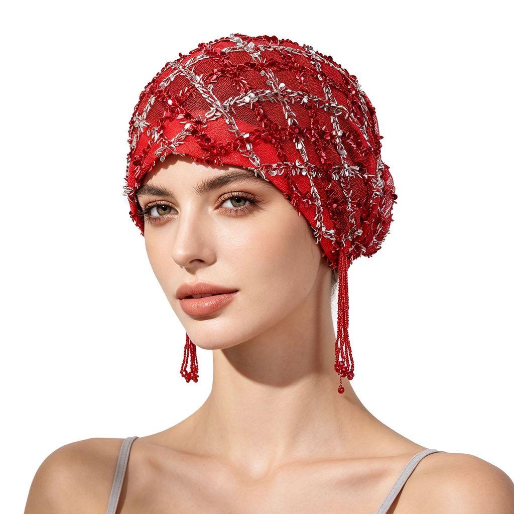 Satin Polyester Fringe Headscarf With Beaded Tassels For Fashionable Women