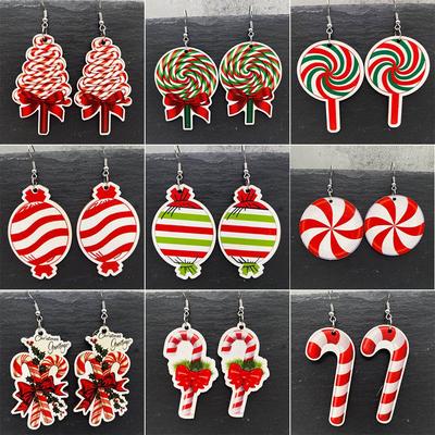 Festive Wooden Candy Cane Lollipop Earrings for Christmas & Halloween