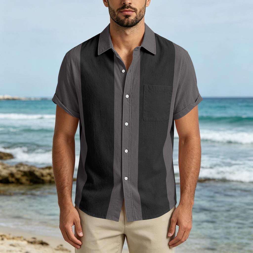Men Short Sleeve Casual Button Down Shirt Relaxed Fit Lightweight Fabric Vertical Stripe Pattern Lapel Collar Pocket Design