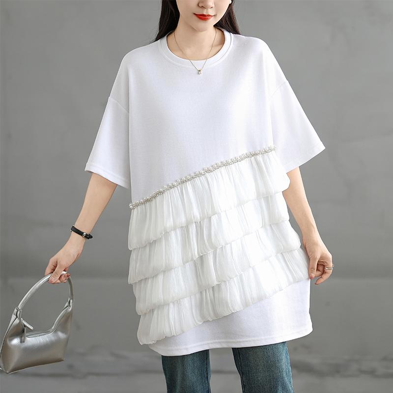 

DIMANAF 2025 Women New Summer Loose Plus Size T-Shirt Short Sleeves Cotton Vintage Spliced Tops Tees Solid Maxi One Size білий