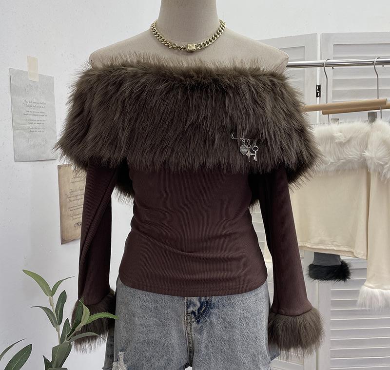 Chic One-Shoulder Fur Patchwork Long-Sleeve Top 1382