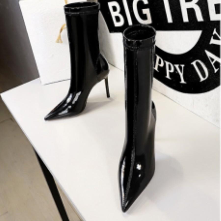 Womens European and American Fashion Thin Shiny Elastic Thin Pointed Short Boots