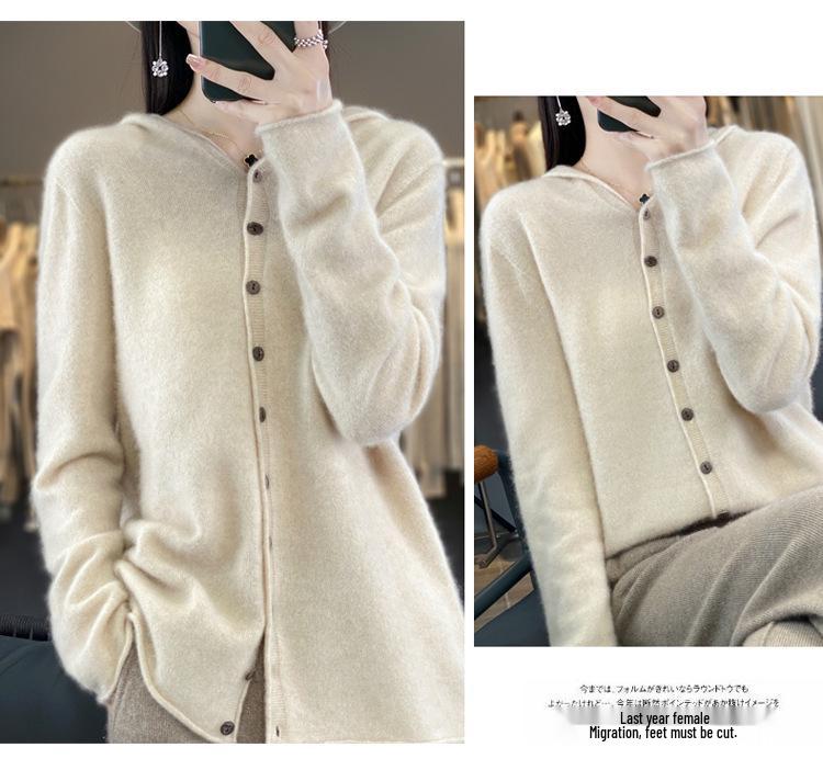 Australian Merino Wool Women's Seamless Hooded Cardigan Sweater