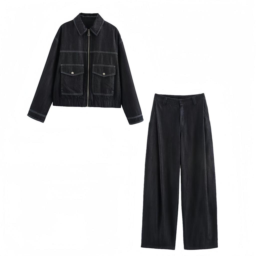 2025 Spring Women's Turn-Down Collar Denim Jacket & High-Waisted Pleated Pants Set