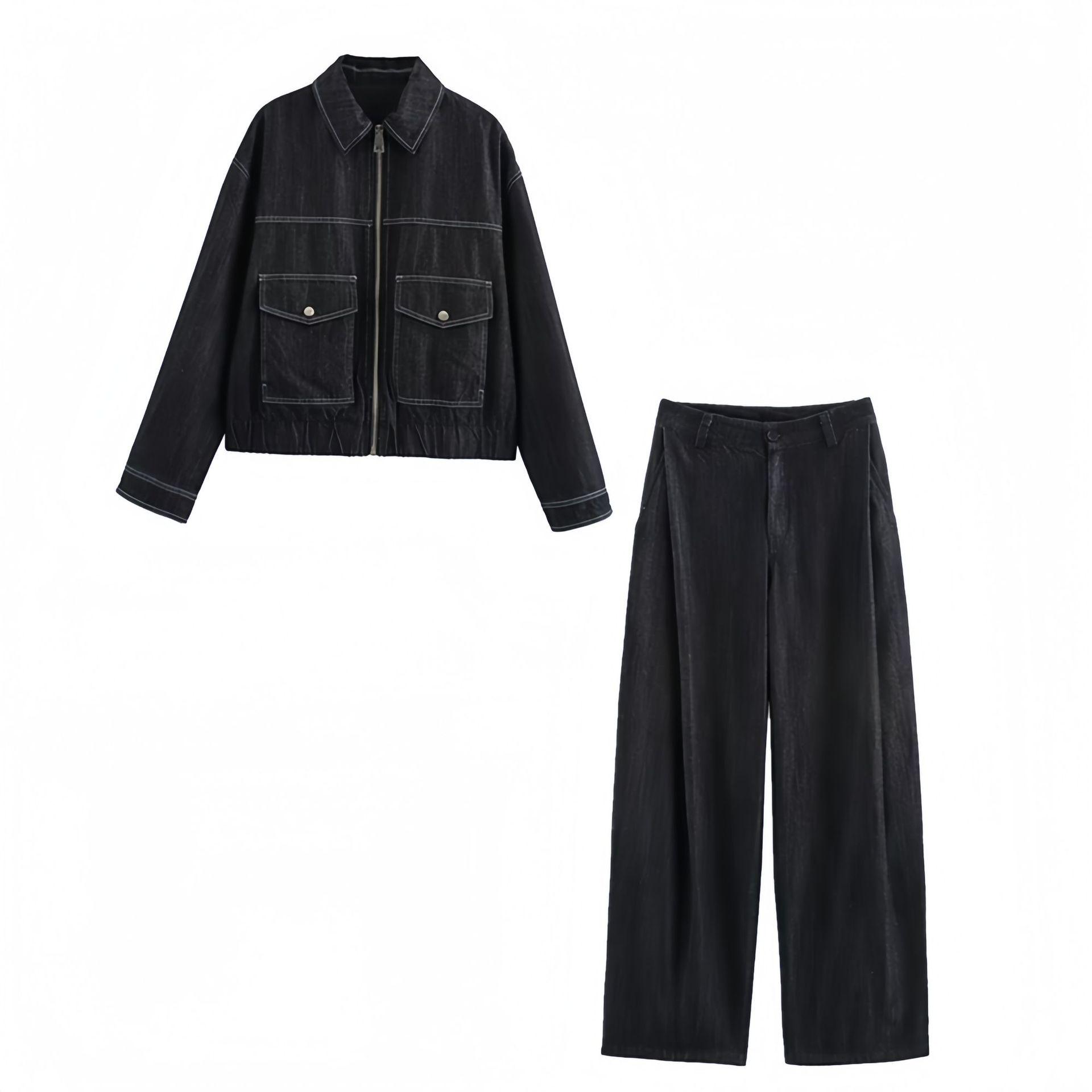 

2025 Spring Women s Turn-Down Collar Denim Jacket & High-Waisted Pleated Pants Set Medium темно-синього кольору