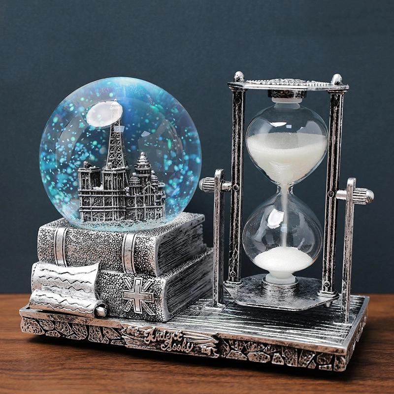 Vintage Eiffel Tower Hourglass Timer Crystal Ball Musical Box Illuminated Desk Decor 15 Minute Hourglass For Students Graduation Christmas Gift
