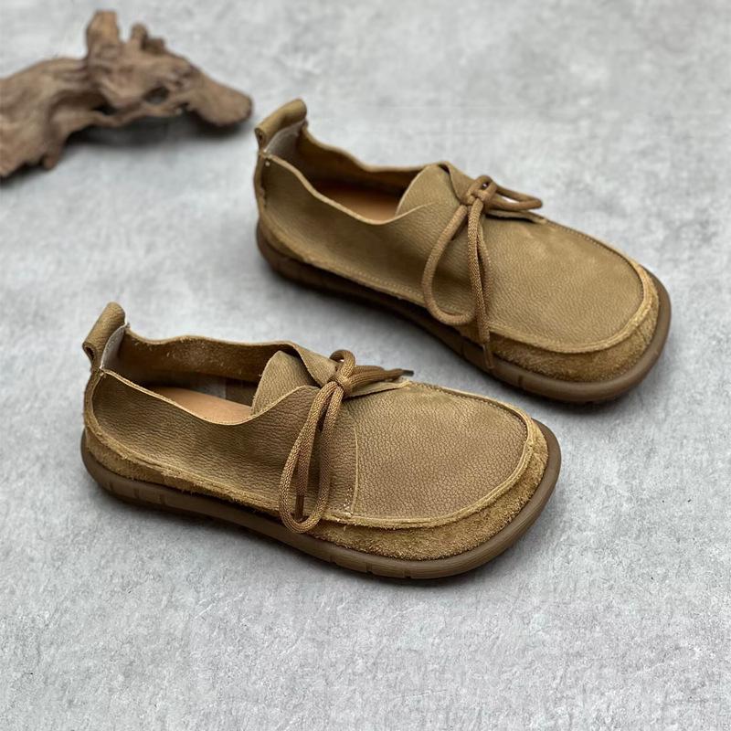 Johnature Håndlaget ekte skinnsko for kvinner Rund tå, lav, myk såle Loafers Retro ensfargede sko