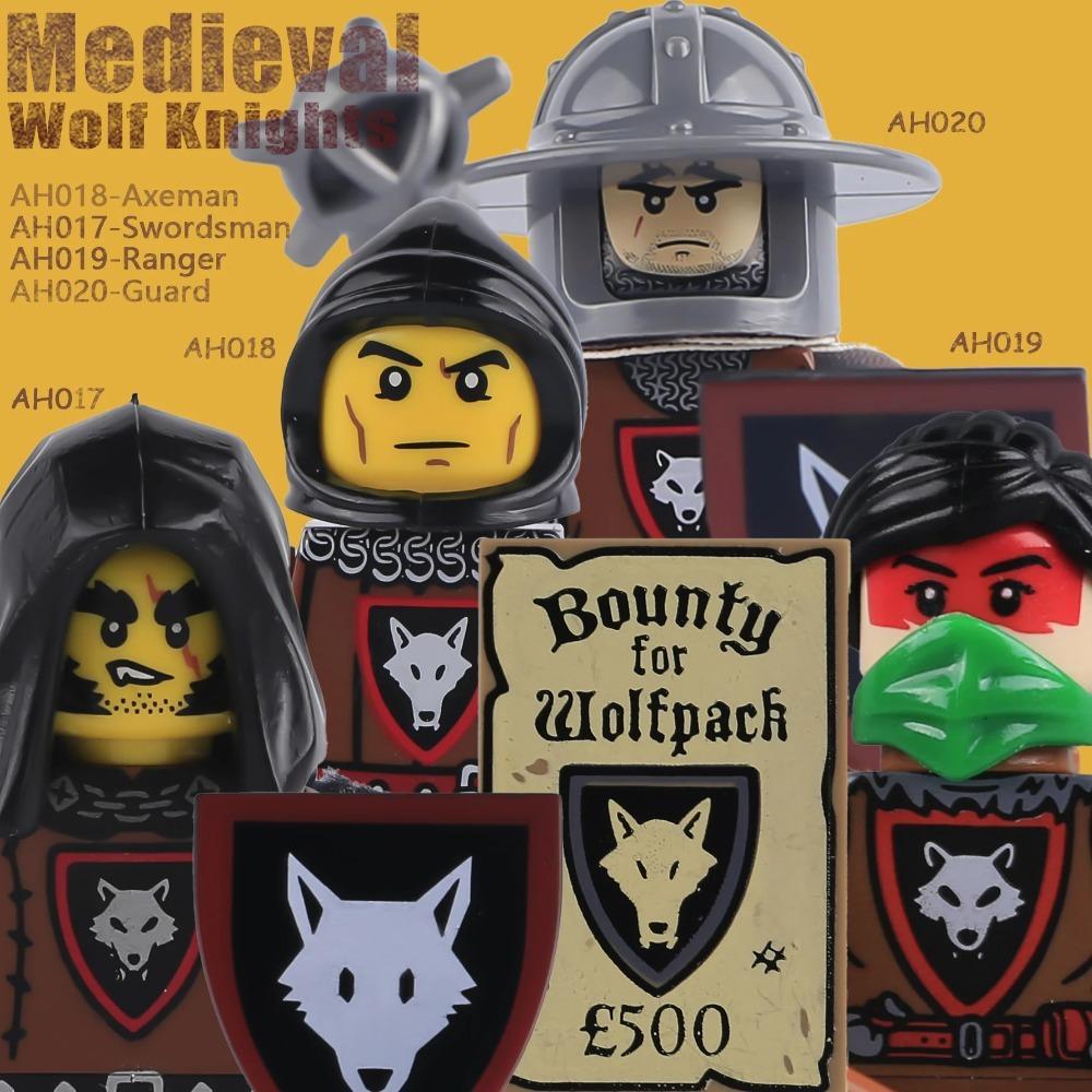 MOC Burg Wolf Ritter Figuren Bausteine Mittelalterliche Militärsoldaten Wache Ranger Krieger Schilde Umhang Waffen Steine Spielzeug