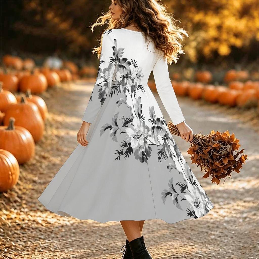 Halloween Women's Floral Pattern Print Midi Dress A Line Dress Vacation Casual Daily Regular Fit Long Sleeve V Neck Black Spring Fall