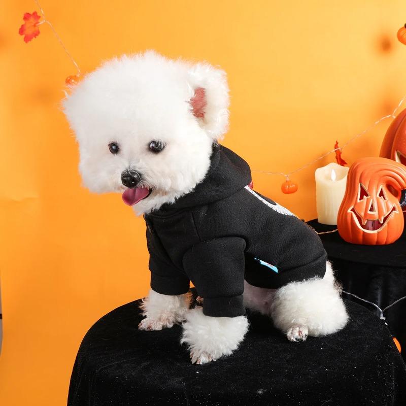 Pet Clothes Dog Cat Silver Skull Halloween Sweater Black Thickened Funny White Skull Embroidered Button Hooded Jacket