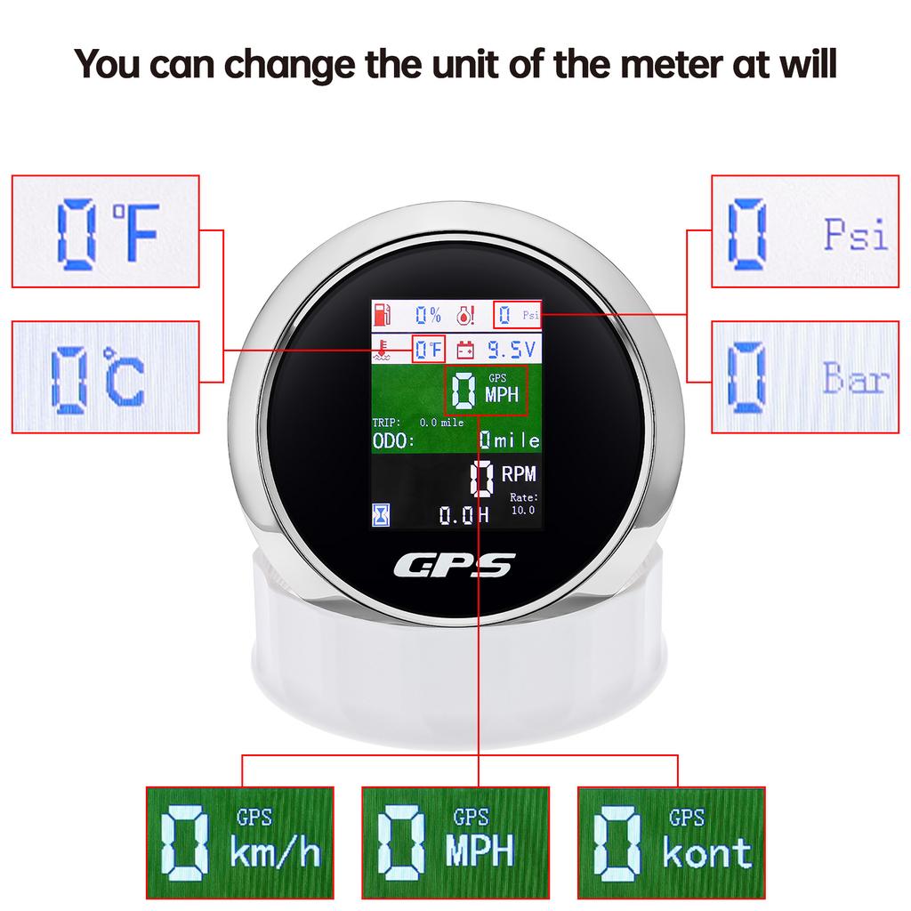 85mm GPS Speedometer Tachometer Water Temp Fuel Level Oil Press Voltmeter Odometer With GPS Antenna For Boat Car Speed Meter