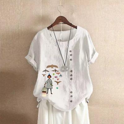 2025 Katoenen dameskleding Retro casual losse katoenen en linnen T-shirt met korte mouwen Katoenen en linnen dameskleding Groot